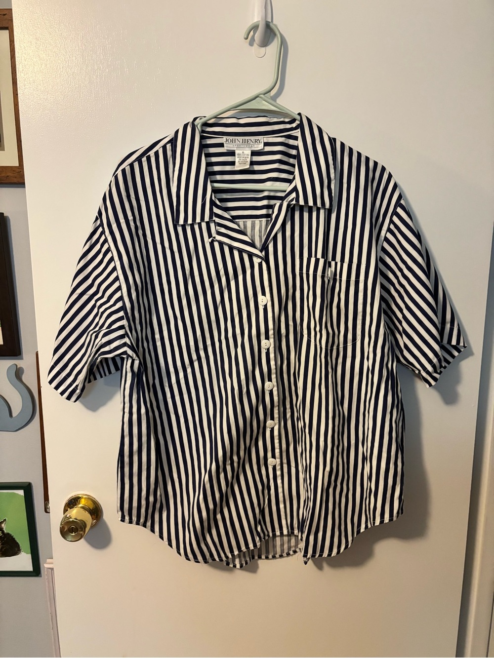 Classic Dockside Coastal Cotton Striped Button Down Short Sleeve Blouse
